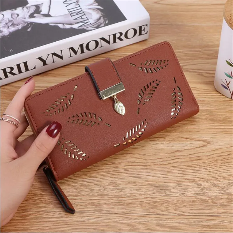 

PU Leather Female Wallet Female Purse Long Hollow Gold Wallet Leaves Purse For Coin Card Holder Clutch
