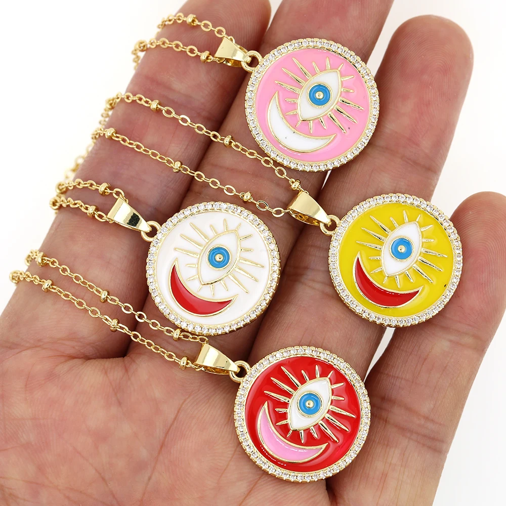 Dripping Oil White Cubic Zirconia CZ Paved Geometric Round Coin Turkish Evil Eye Pendant Women Necklace Christmas New Year Gift images - 6