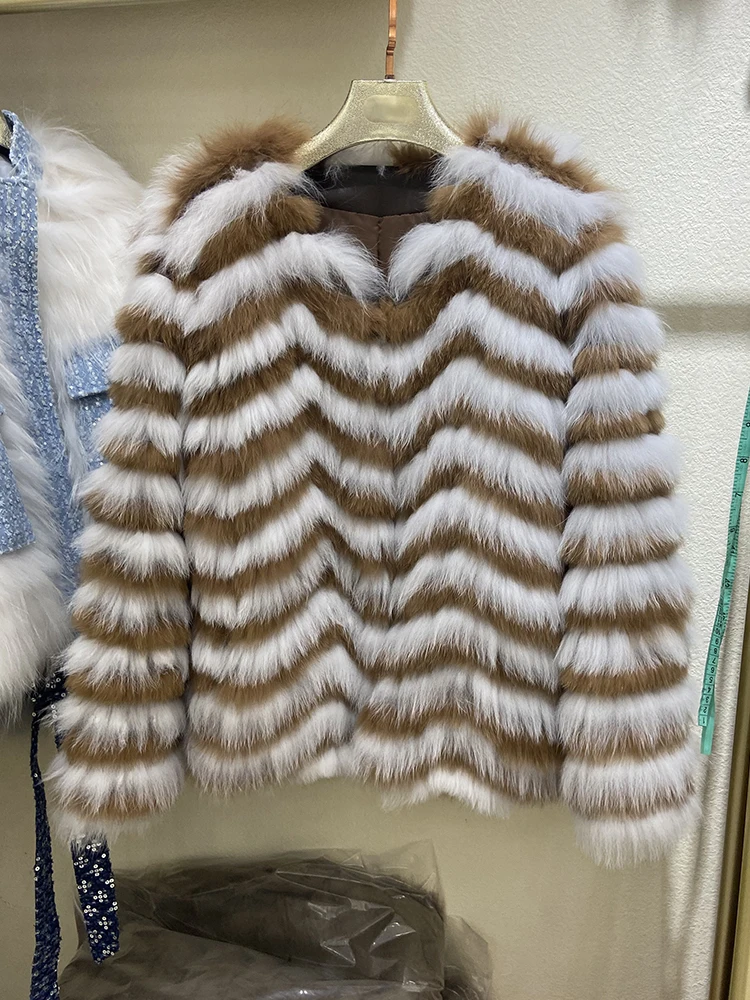 New Arrival Women Lady Winter Fur Strip Sewed Toghter Color Matching Real Fox Fur Jacket Outerwear Coat Length 65cm