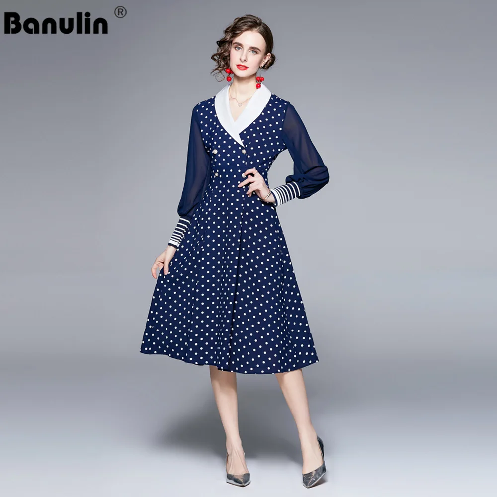 

Banulin Runway Spring Women's Notched Collar Long Sleeve Polka Dot Print Fashion Party Casual Classic Elegant Chic Midi Dress