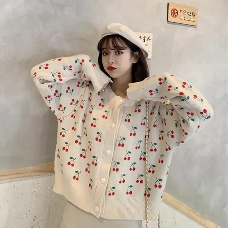 

Женский свитер с вышивкой вишни, Свободный вязаный свитер с круглым вырезом и длинными рукавами, Свитер оверсайз в Корейском стиле, Осень-зи...