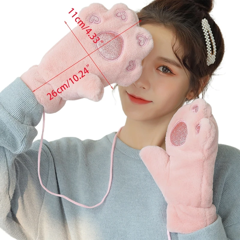 

Women Winter Thick Fluffy Plush Full Finger Gloves Cartoon Bear Paw Embroidery Student Outdoor Warm Mittens with String