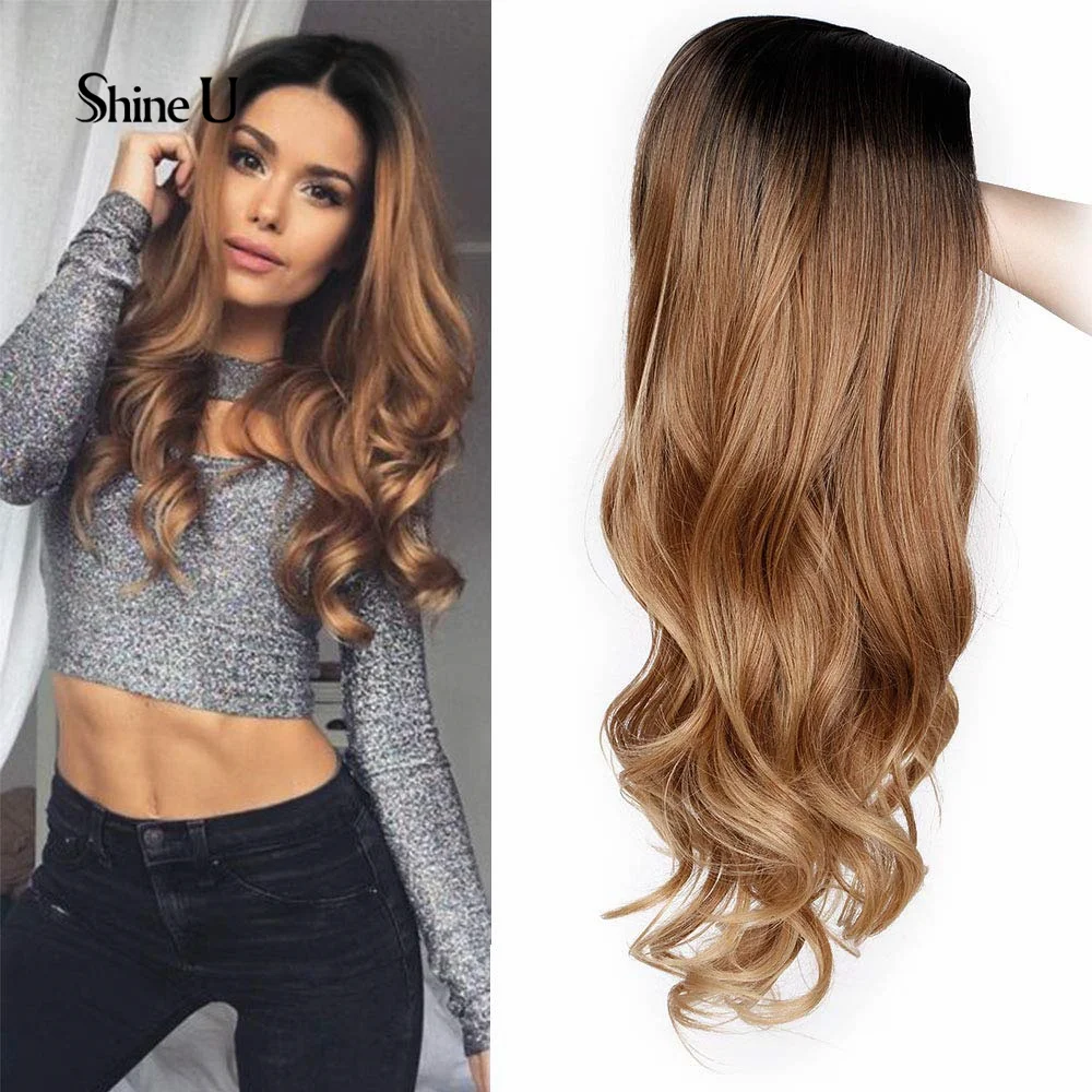 

Shine U Ombre Black Brown Synthetic Wig Daily Makeup Party Headband Wig Heat Resistant Hair 24 inch Long Wavy Wig