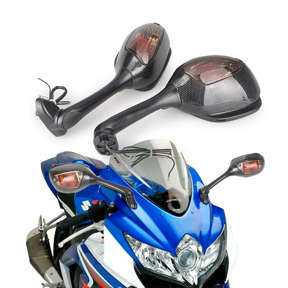 1 Pair Motorcycle Rearview Wing Mirrors w/ Turn Signal Indicator Light For Suzuki GSXR 600 750 1000 2006-2015