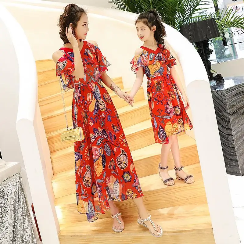 

Parent-Child Dress 2021 Summer New Floral Dress Mother-Daughter Matching Outfit Western Style Seaside Beach Vacation