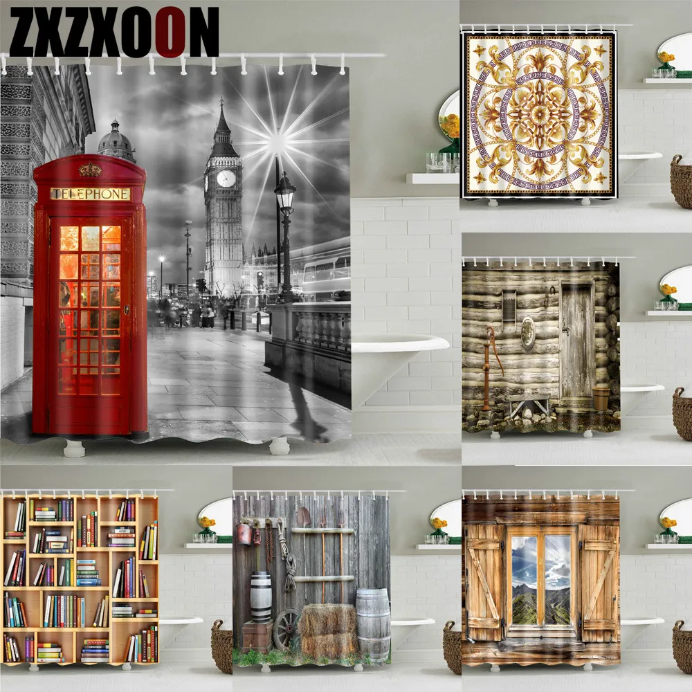 

Vintage Style Wooden House Geometric Mandala Moon Shower Curtain Bathroom Set Waterproof Polyester Bath Curtain with Hooks