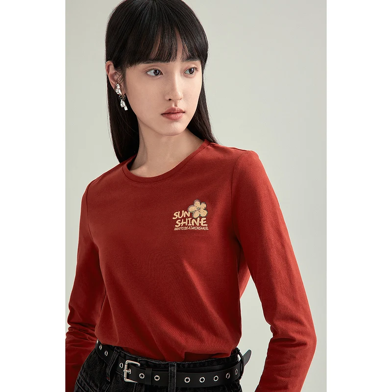 INMAN Autumn Spring Women's T-Shirt Round Collar Design Fun Embroidery Loose Minimalist Long Sleeve Female Top