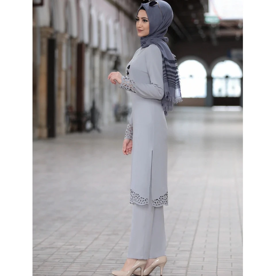 

Lugentolo комплект из 2 предметов для женщин мусульманская Мода Элегантный размера плюс кружева сшитые однотонные с длинным рукавом Круглый выр...