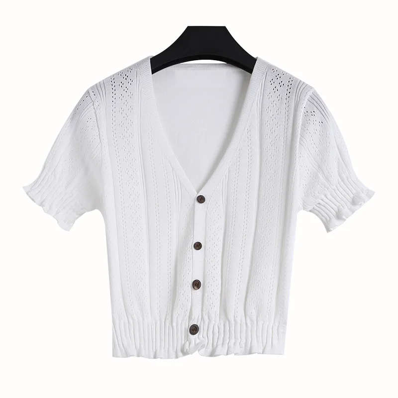 

Ice Silk Cut-out Knitwear Short Sleeve Women's Summer 2020 New Thin Outer Wear Pullover Pure Color Ruffles Bottoming Top