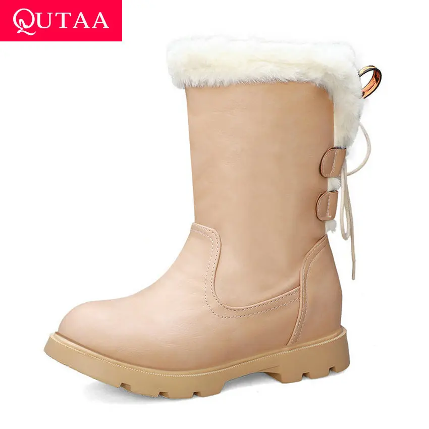 Зимние женские ботинки QUTAA с закругленным носком на шнурках из искусственной