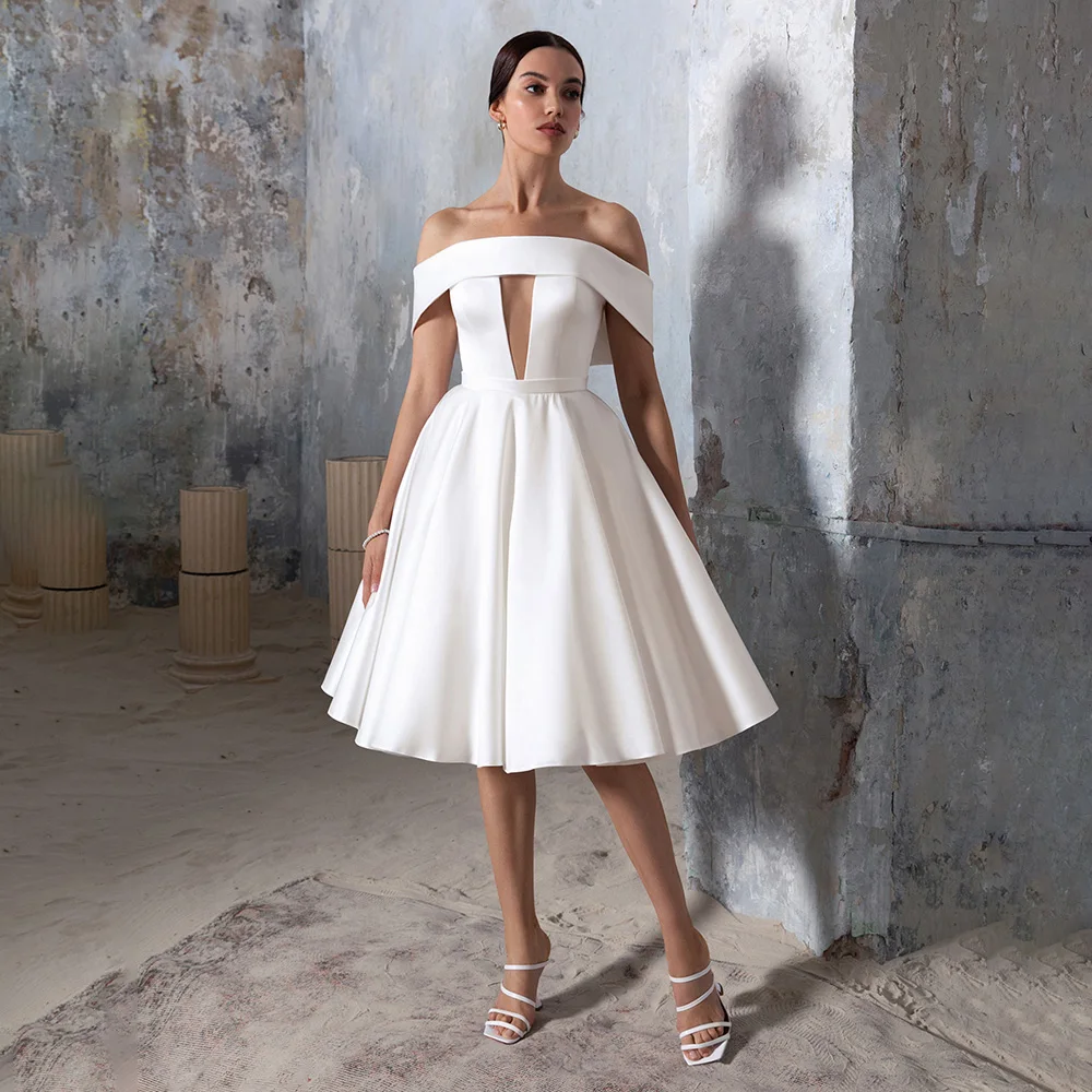 

UETEEY Tea Length Wedding Dresses A-Line V-Neck Backless Off Shuolder Bridal Gowns 2021 Vestidos De Noivas