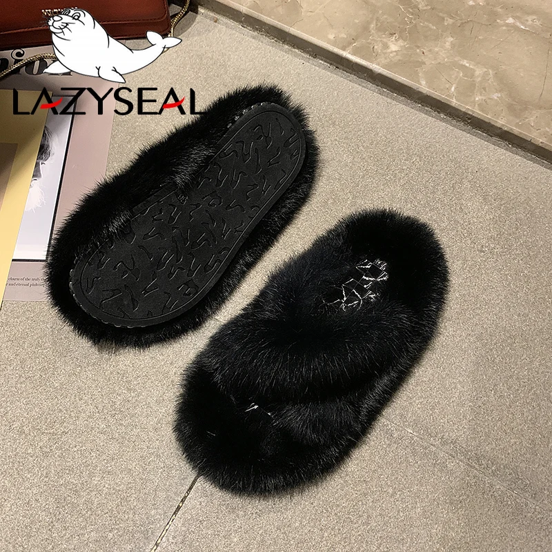 LazySeal/тапочки с натуральным кроличьим мехом женская обувь модные женские Вьетнамки, Повседневная плюшевая обувь на плоской подошве женские меховые домашние шлепанцы