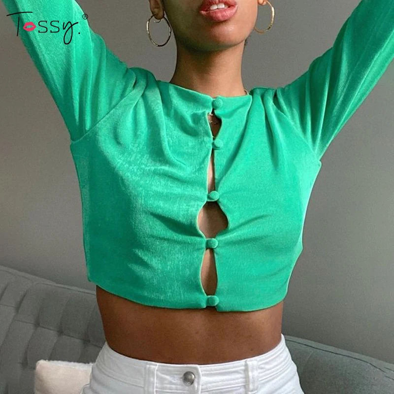 

Tossy Single-Breasted Summer New Women's Crop Top Shirt Sexy Long Sleeve Buttons Tops Vintage Streetwear Designer Green Cardigan