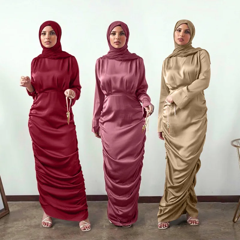"Мусульманское женское платье Eid Mubarak Abaya, мягкое свободное плиссированное платье с талией, элегантные атласные вечерние платья Дубая, мусуль..."
