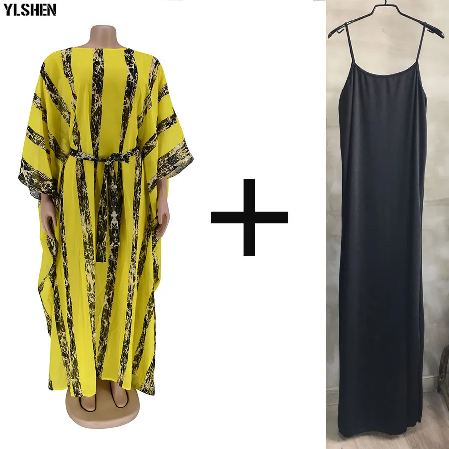 Yellow 2 piece set Африканские платья для женщин в полоску Дашики африканская одежда халат Bazin Boubou Africain выращенная традиционная Анкара, Африка платье - Цвет: Yellow 2 piece set