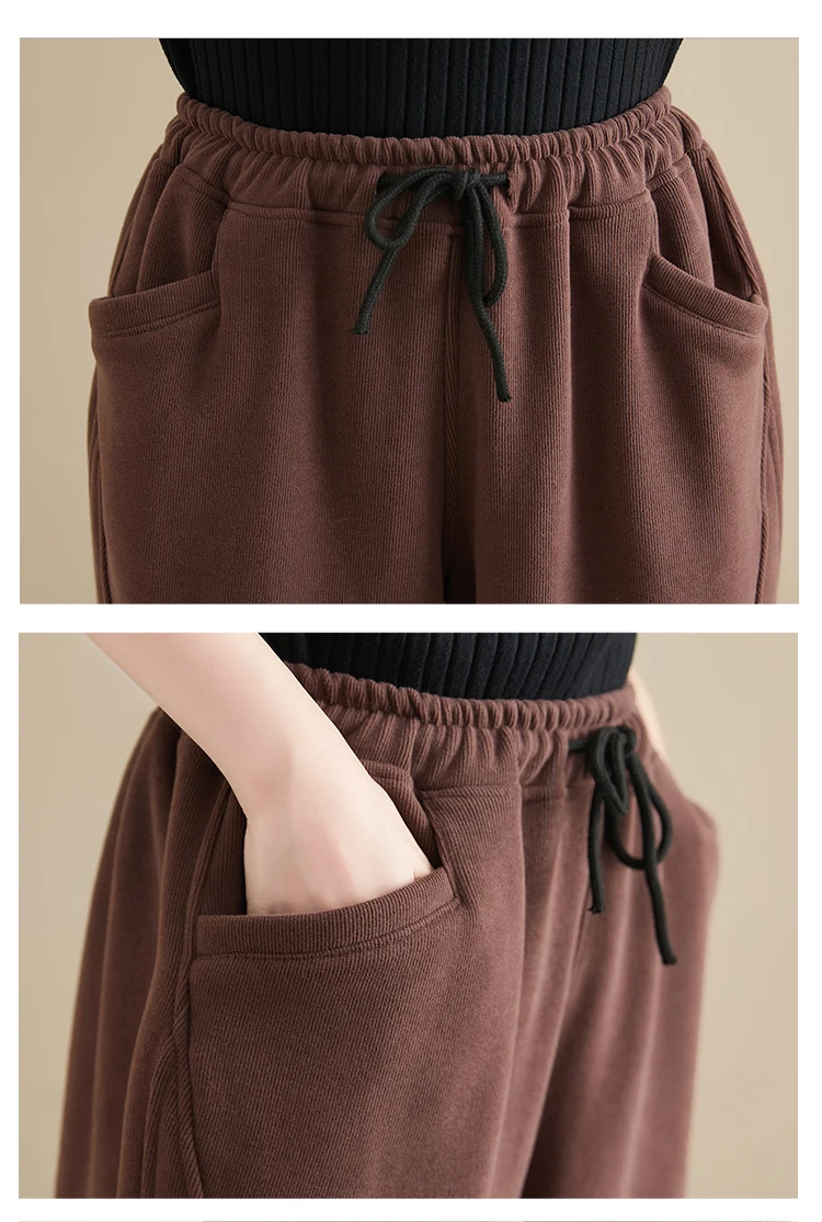 Winter New Trendy Warm Fleece Thick Oversize Loose Casual Trouser Women Solid Color Elastic Waist Versatile Premium Sweatpants