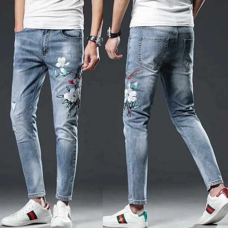2021 Men's Jeans Stretch Light Blue Embroidery Jeans Men Tide Brand Slim Fit Classic Denim Pants Men's Thin Jeans
