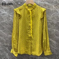 high quality silk blouses high quality women polka dot print ruffle deco long sleeve yellow white green black tops shirt button