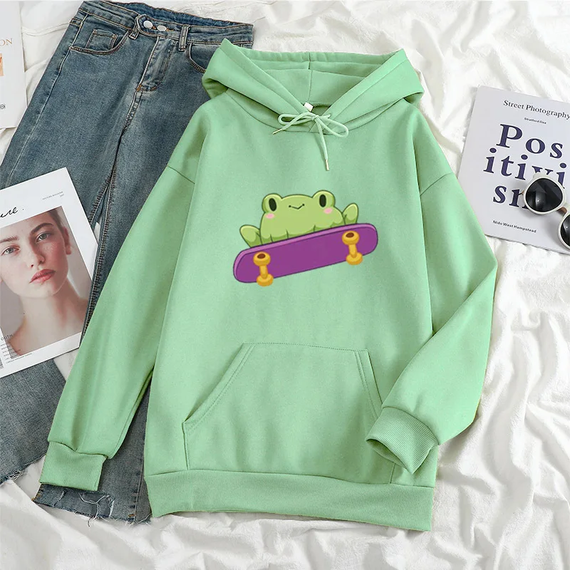 

2021 New Super Cute Skateboard Frog Hooded Sweater Printed Sweater Kawaii Hoodie Women's Hoodie Women's Long-sleeved Top