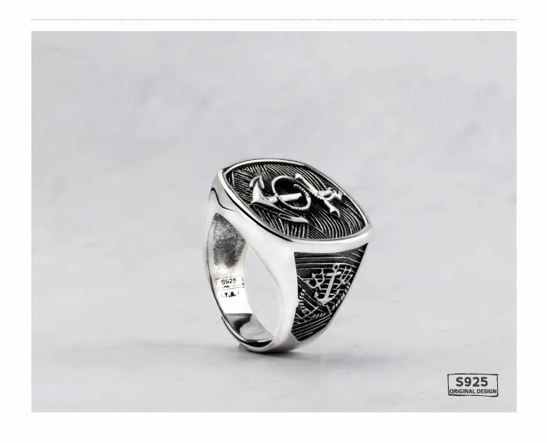 S925 silver Nordic fearless ship anchor man's ring, wide version original design personalized Navy style forefinger ring