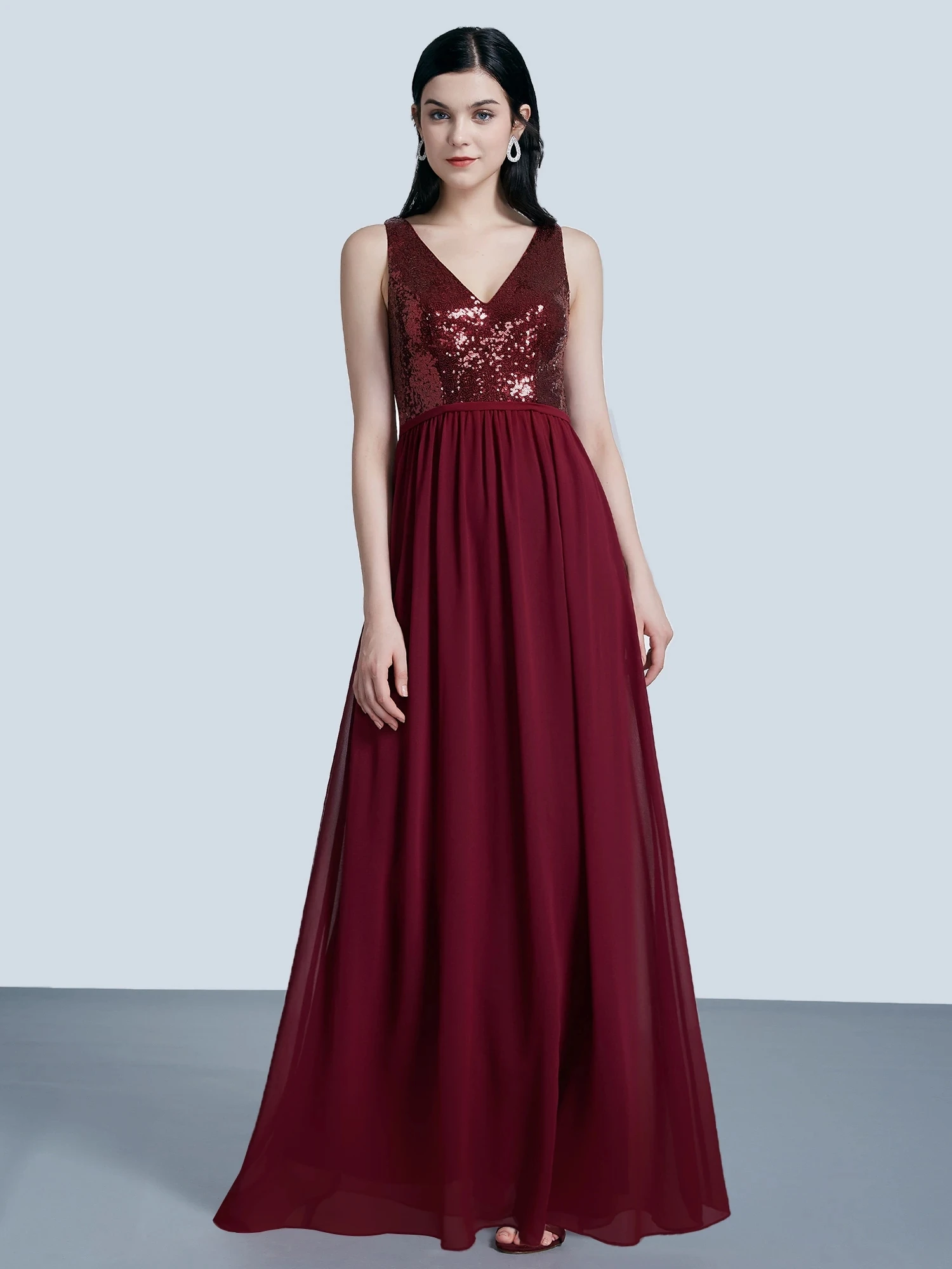 

Women Fashion Sequins Chiffon Floor Length Vneck Evening Dresses