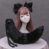 simulation plush cat ears headband with solid color bendable furry animal long tail set kawaii anime cosplay costume