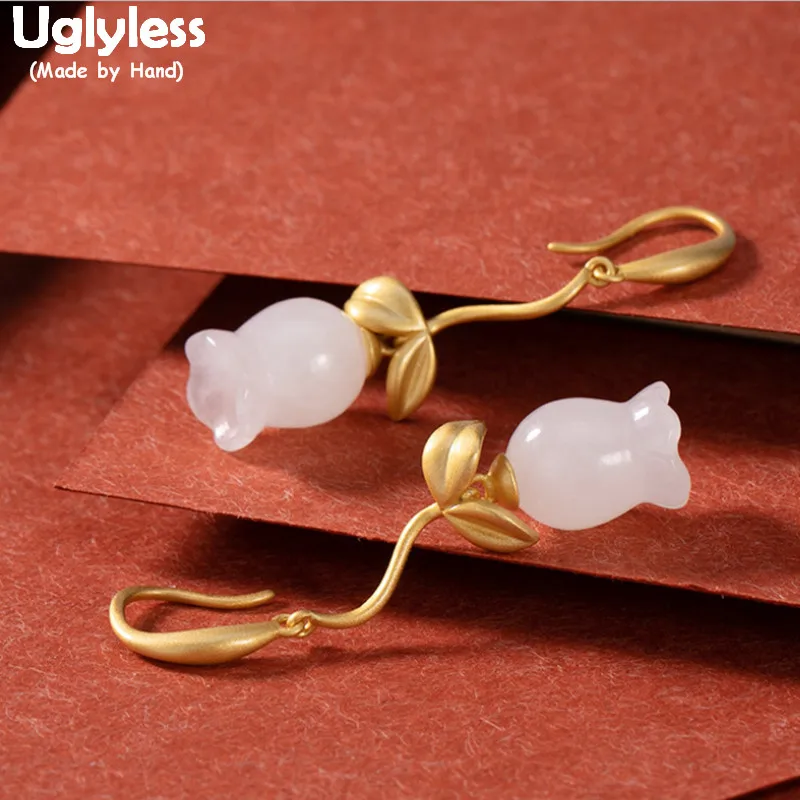 

Uglyless Natural Jade Flowers Lily of the Valley Floral Earrings for Women Gemstones Brincos 925 Silver Leaves Romantic Jewelry