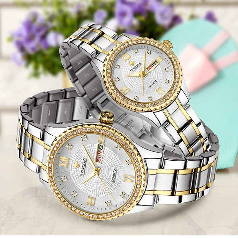 WWOOR 2022 Couple Watches Men and Women Luxury Brand Fashion Diamond Stainless Steel Quartz Pair Lovers Watch Gifts For Birthday