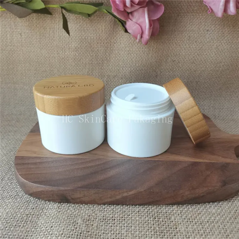 

100pcs/lot 8OZ Empty Cream Container Wholesale White PP Plastic With Bamboo Cap Empty Jar For Body Cream Shea Butter Container