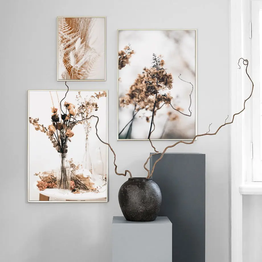 Настенная живопись на холсте бежевый язычок сушеные цветы растения