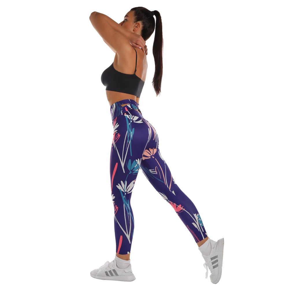 

Women's High Waist Fitness Leggings Workout Pants Slim Fit Blue Graffiti Floral Print