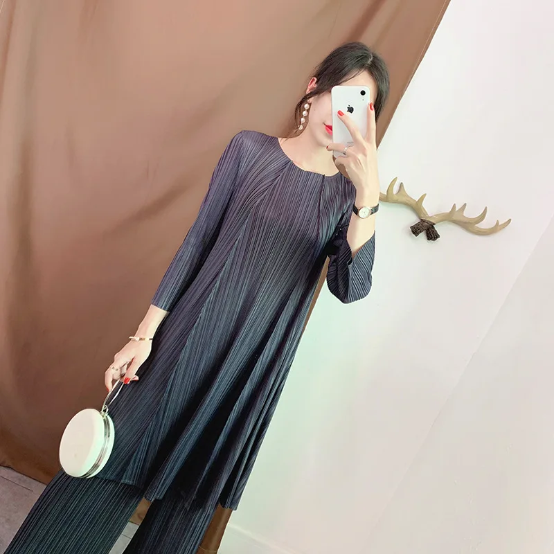 Женский плиссированный пуловер топы брюки костюм со складками Осенний Модный