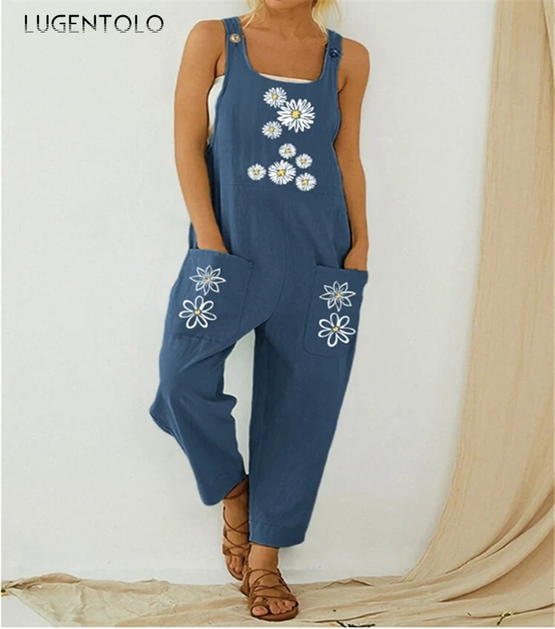 

Lugentolo Spring Summer Women Loose Jumpsuit Flower Floral Printing Casual Pocket Simple Female Long Jumpsuits Plus Size