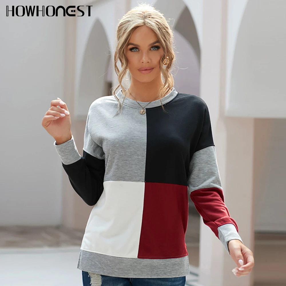 Свитшот женский с круглым вырезом пуловер цветными вставками худи длинным