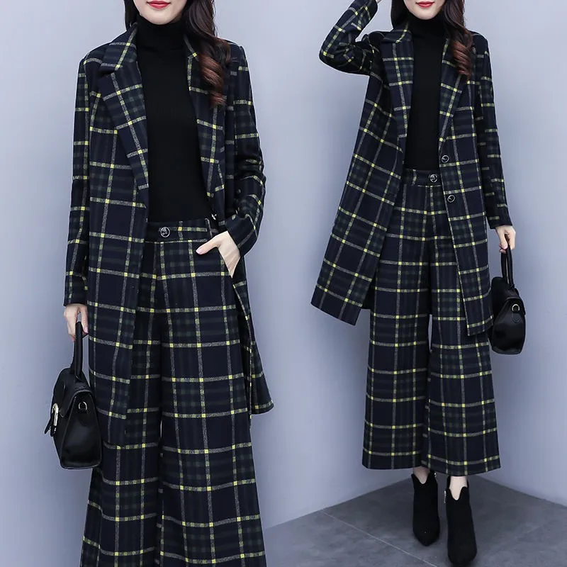 

2020 Winter Woolen Plaid Two Piece Pants Suits Sets Women Long Coat + Wide Leg Pants Outfits Office Fashion Workwear Sets Femme