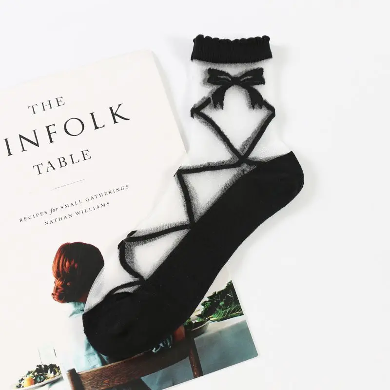 Women's Japanese Bow Large Mesh Crystal Glass Socks | Женская одежда