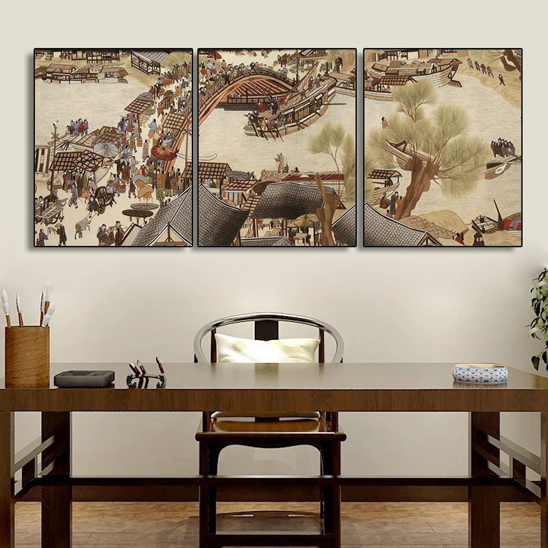 

Posters for Home Design Vintage River On The Qingming Festival Picture On Wall 3 Pieces Wall Art Prints Paintings for Interior