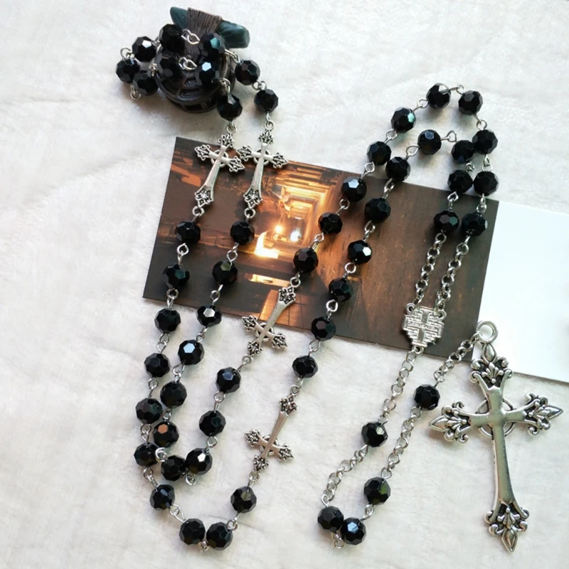 

Vintage Cross Long Necklace Black Crystal Rosary Pendant Gift First Communion