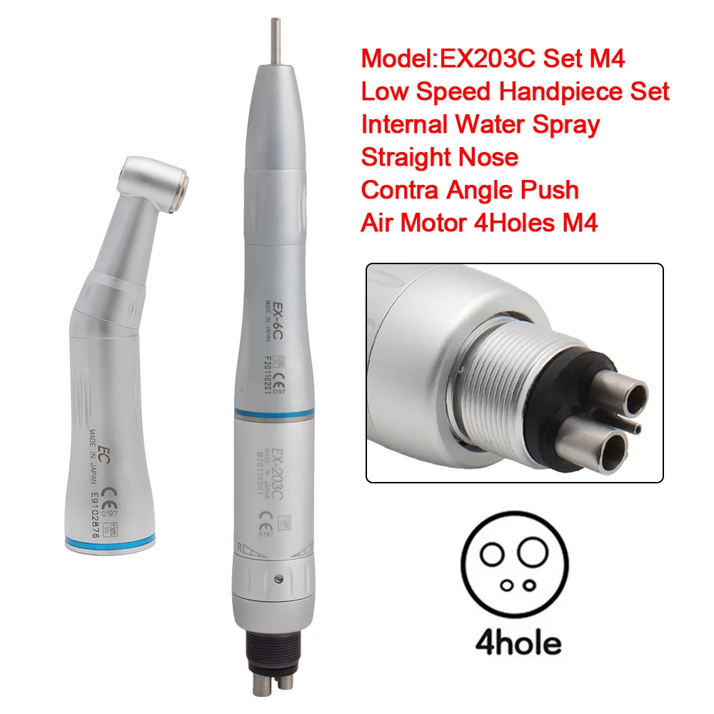 EX203C Dental Inner Low Speed Handpiece Set Internal Water Spray Straight Nose Contra Angle Air Motor 4 Hole M4 Air Turbine Inne