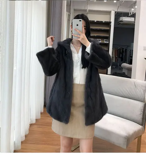 new autumn and winter Haining imported fur women's hooded tidy long section mink coat mink jacket - Color: gray