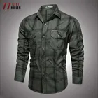 Осенняя клетчатая рубашка в стиле милитари для мужчин 100% хлопок с длинным рукавом армейские сапоги для женщин; Рубашки для мужчин s куртка со стоячим воротником брендовая одежда chemise homme M-4XL