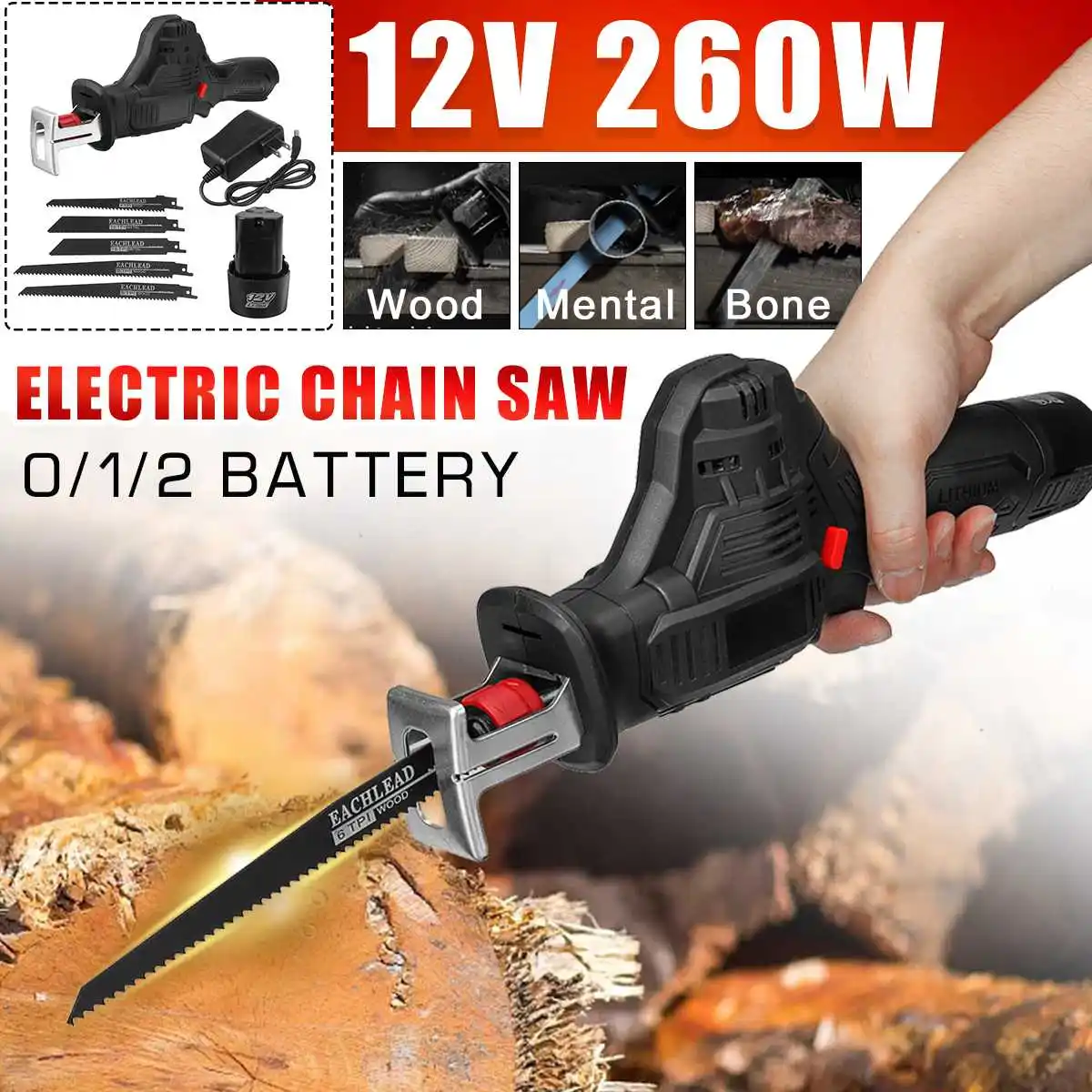 

88V Cordless Reciprocating Saw + 5 Saw Blades Metal Cutting Wood Tool Portable Woodworking Cutters with 1/2 Batterys Charge