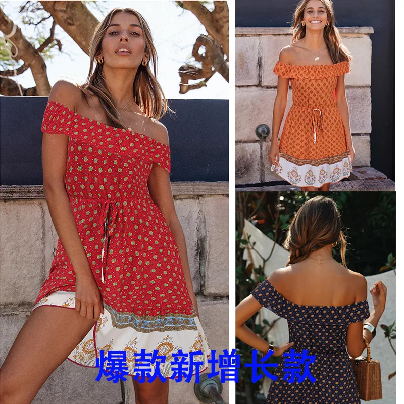 

Праздничное платье с открытыми плечами, богемное платье с коротким рукавом и цветочным принтом, со шнуровкой, 2020