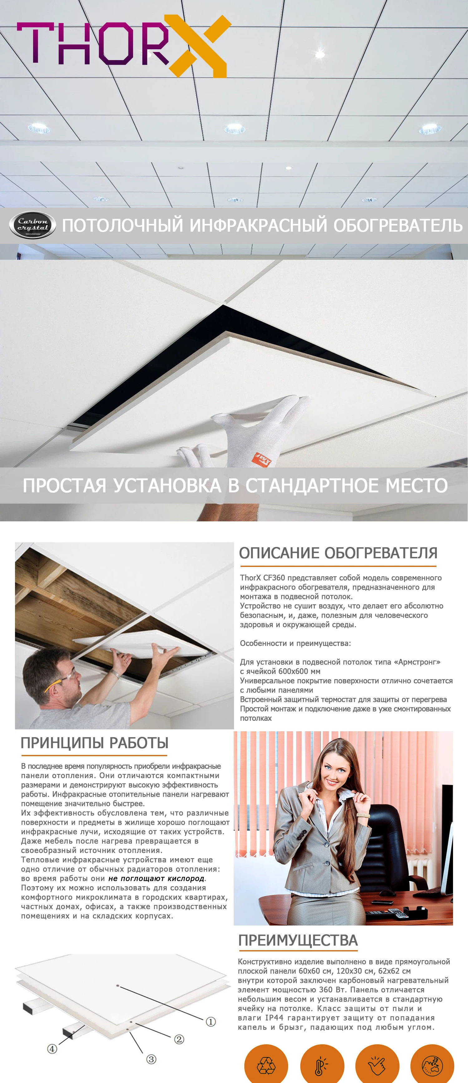 ThorX KC360 360 Вт 120x30 см панель инфракрасного нагрева карбоновый инфракрасный обогреватель с технологией Carbon Crystal устанавливается на потолок