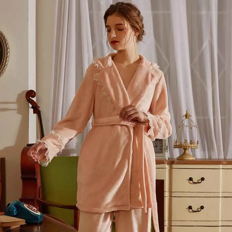 Roseheart New Winter Pink Women's Sleep Nightwear Suits Pajama Sets Sleepwear Suits Flannel Plus Size Nightgown 2 Pieces S M L