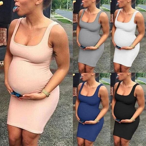 

2021summer Sleeveless Solid Round Neck Hip Wrap Maternity Dress
