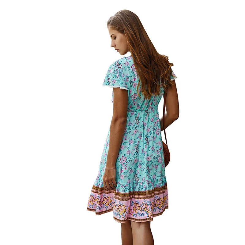 

Deep V Sexy Beach Dress Summer Short Sleeve Floral Print Boho Women Dress Ruffles Hem Slim Low Out Lady A Line Dress Sundress