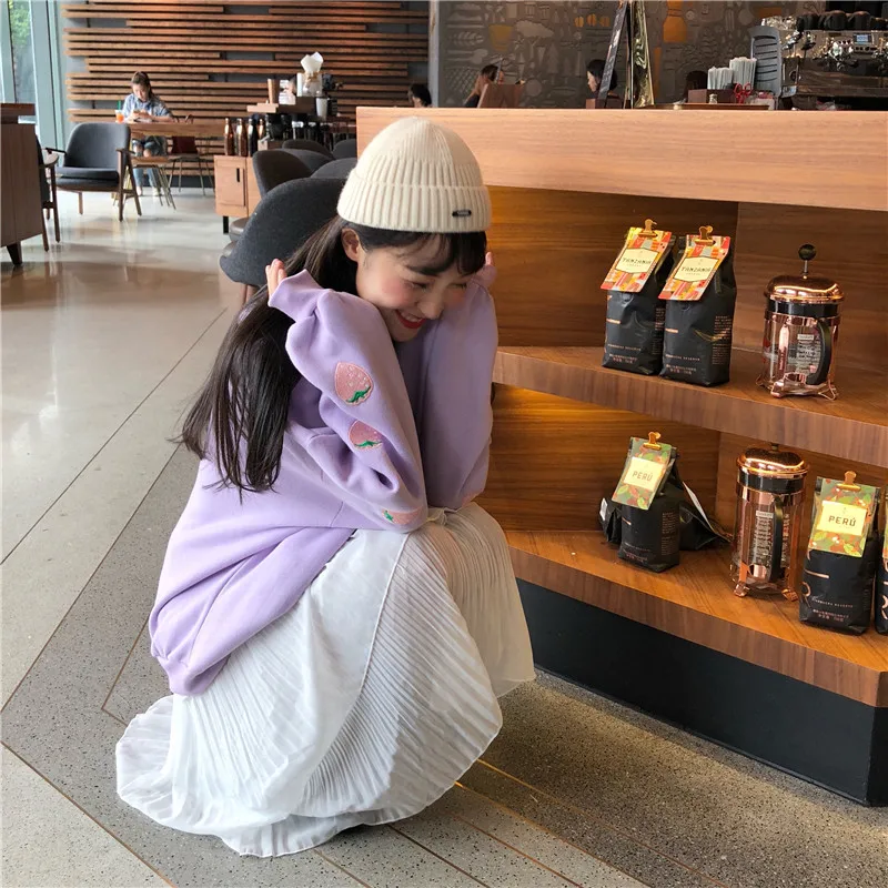 Kawaii Япония фиолетовая Повседневная Толстовка свободная новая Ulzzang Harajuku зимняя Милая с длинными рукавами персиковая Вышивка Шикарная ins Женская толстовка