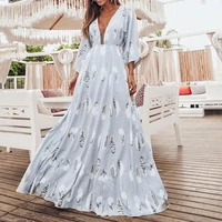 vacation v neck flared sleeve fashion feather print dress 2021 autumn new casual simple high waist long dress