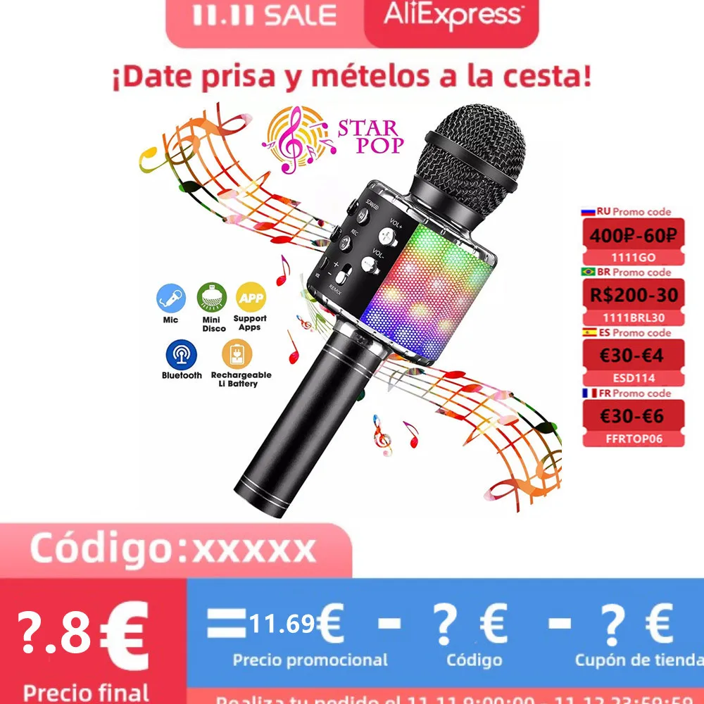 

Portable Wireless Karaoke Microphone Bluetooth Professional Speaker Home KTV Handheld Mic LED Lights Record Function for Kids
